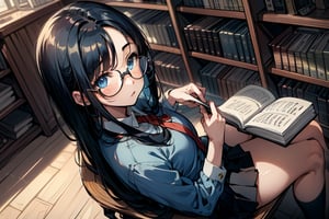 (masterpiece, intricate:1.3), (best quality, hires textures, high detail:1.2), (4k),(incredibly detailed:1.4) the girl with long black hair and blue eyes in library, sitting at a wooden desk and chair reading a book in her hand, she is wearing glasses and a short school uniform skirt. Detailedface