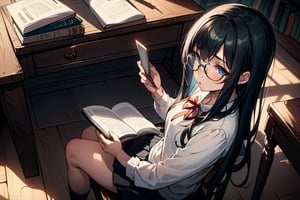 (masterpiece, intricate:1.3), (best quality, hires textures, high detail:1.2), (4k),(incredibly detailed:1.4) the girl with long black hair and blue eyes in library, sitting at a wooden desk and chair reading a book in her hand, she is wearing glasses and a short school uniform skirt. Detailedface