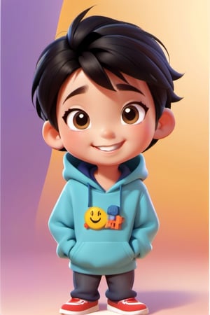 a web developer with a happy face, black hair, wearing a hoodie color #313bac, Story book, 3d style, png
