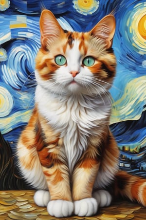 amazing quality, masterpiece, best quality, hyper detailed, ultra detailed, ((A calico cat  in van Gogh style,)) extremely detailed, Oil painting style,v0ng44g