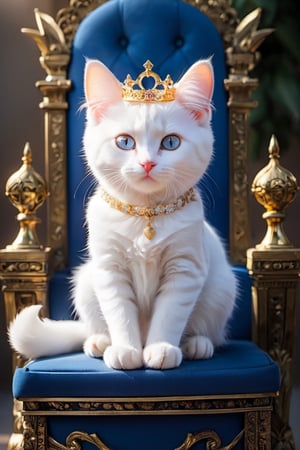 Angelic cat, mystirious aura, She is the Angel of cat, crown, siting on the throne, licking its paws, cute look