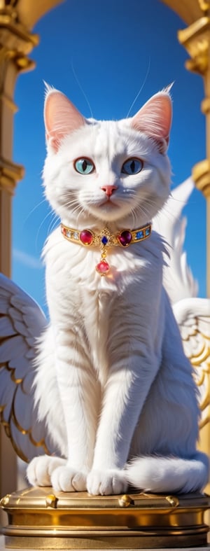 Angelic cat, mystirious aura, She is the Angel of cat, crown, siting on the throne, licking its paws