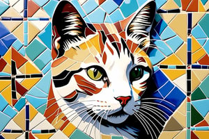 a cat, Trencadís, broken tile mosaics, colorful, dynamic viewing angle, realistic, detailed, wall