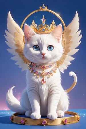 Angelic cat, mystirious aura, She is the Angel of cat, crown, siting on the throne, licking its paws, cute look