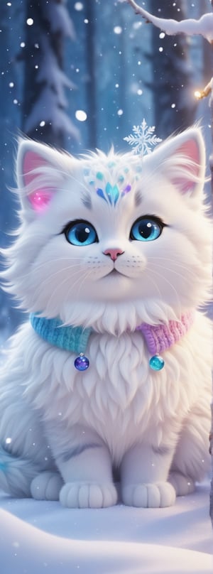 The cutest fluffy fantasy Disney Cats, wear colorful fluffy warm clothes and pale knitted hat background, it is snowing gently in moonlight reflections in the winter forest, swirls of snowflake particles fantasy snow, 8k