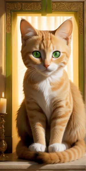A feline enigma, 'Whispers in the Shadows', depicts a majestic cat with piercing green eyes and a subtle, knowing smile. The subject's whiskers frame perfect symmetry, as if crafted by Leonardo himself. Soft, golden light casts an air of mystery, illuminating the cat's serene expression. In the background, a faint, swirling mist evokes the Renaissance era, while the cat's pose, reminiscent of Michelangelo's David, exudes power and sophistication.