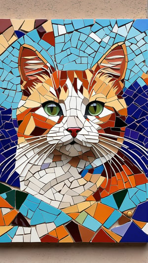 a cat, Trencadís, broken tile mosaics, colorful drawing, cinematic short, dynamic viewing angle, realistic, detailed, wall