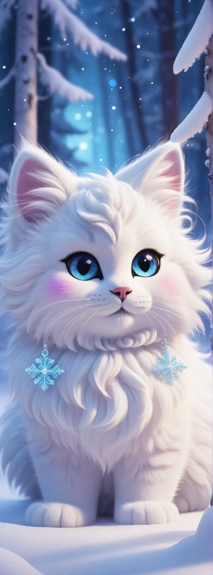 The cutest fluffy fantasy Disney Cats, wear colorful fluffy warm clothes and pale knitted hat background, it is snowing gently in moonlight reflections in the winter forest, swirls of snowflake particles fantasy snow, 8k