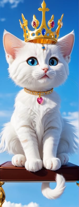 Angelic cat, mystirious aura, She is the Angel of cat, crown, siting on the throne, licking its paws, cute look