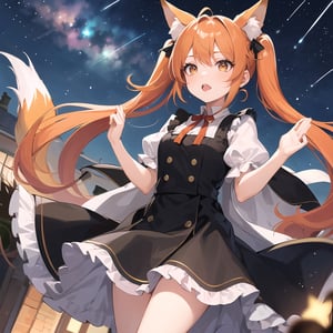 A mature fox girl with twintail hair is on the  on the rooftop balcony, her hands raised in supplication as she looks up at the sky. Suddenly, a shooting star appears. The fox girl is wearing short dress, a frilly skirt with a frilly short sleeves and a short black cloak, (orange hair color), forest 