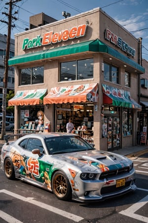 dodge wrapping in a anime character, park in front of seven eleven store, fron pov