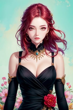((ultra detailed)),((Bright eyes)), (Detailed eyes) , 8k, blink blink, (Flowers as decorative makeup on the cheek), ((realistic skin)), ((focus detailed 2 straps on the shoulders of dress)) , ((shiny facial skin)), with colorful hair and a colorful dress, rossdraws pastel vibrant, rossdraws cartoon vibrant, style anime 8k, beautiful portrait, artgerm colorful!!!, ! dream artgerm, beautiful anime girl, styled digital art, art wallpaper 8k, digital art, extremely detailed artgerm, red hair, gold eyes, black dress, black outfit