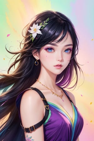 ((ultra detailed)),((Bright eyes)), (Detailed eyes) , 8k, blink blink, (Flowers as decorative makeup on the cheek), ((realistic skin)), ((focus detailed 2 straps on the shoulders of dress)) , ((shiny facial skin)), with colorful hair and a colorful dress, rossdraws pastel vibrant, rossdraws cartoon vibrant, style anime 8k, beautiful portrait, artgerm colorful!!!, ! dream artgerm, beautiful anime girl, styled digital art, art wallpaper 8k, digital art, extremely detailed artgerm, rainbow hair, rainbow eyes, rainbow dress, rainbow oufit
