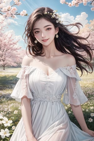 Best quality, masterpiece, ultra high res, (photorealistic:1.4), raw photo, 1girl, white dress, off shoulder, blossom flower field, glowing skin, light smile