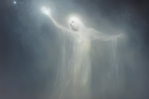 A transparent spirit with a radiant smile, illuminated by soft ethereal light, floats amidst a cloudy sky with wispy tendrils of fog. The subject's eyes sparkle like stars on a clear night, as they gaze upwards with an air of serene contentment. Composition focuses on the ghostly figure, with subtle misty atmosphere and a hint of moonlit glow.