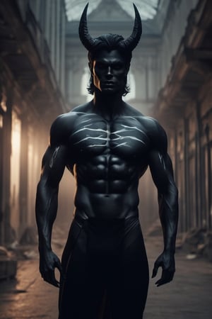 A majestic figure emerges from the shadows, the handsome prince of darkness stands tall, his chiseled features illuminated by a faint, eerie glow. He wears a black suit adorned with intricate silver trim, complementing his piercing green eyes and raven-black hair. Against a darkened cityscape backdrop, he poses confidently, one hand resting on the hilt of his sword, as if ready to vanquish the night itself.