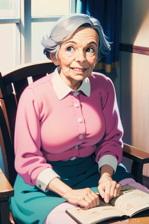 A cute old grandma, elderly woman, smiling, kind eyes, wrinkled face, grey hair, sitting in a rocking chair, cozy living room, warm lighting, soft pastel colors, peaceful atmosphere, photorealistic, highly detailed, 8k, (best quality,4k,8k,highres,masterpiece:1.2),ultra-detailed