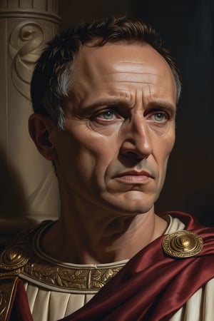 a portrait of Julius Caesar, extremely detailed face, piercing eyes, stoic expression, laurel wreath, roman toga, dramatic lighting, oil painting, photorealistic, intricate details, cinematic composition, renaissance art style, muted color palette, chiaroscuro lighting