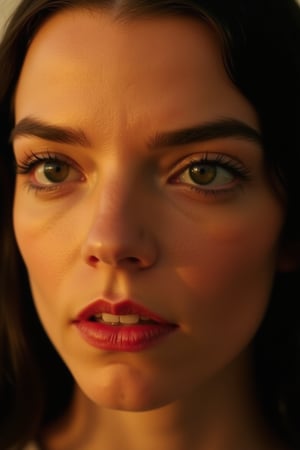 Close-up shot of Anya Taylor-Joy's striking features: piercing green eyes, porcelain skin, and luscious raven hair. Soft golden lighting illuminates her face from the side, accentuating the subtle curves of her cheekbones and nose. Her gaze is direct, yet inviting, as if sharing a secret. The background fades to a soft focus, drawing all attention to the captivating actress.