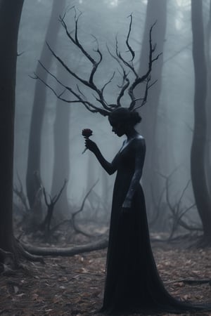 A hauntingly beautiful scene unfolds: a demon girl with piercing eyes and raven-black hair stands amidst a desolate, charcoal-gray forest, where skeletal trees stretch towards the darkened sky like bony fingers. The air is heavy with mist, casting an eerie glow on the scene. She wears a tattered black dress, her skin deathly pale, as she gazes down at a withered branch in her hand, lost in macabre contemplation.