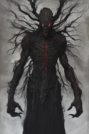 A painting of a huge twisted tree demon, detailed bark texture, gnarled twisted branches, glowing red eyes, sharp fangs, long clawed hands, sinister expression, dark moody lighting, dramatic chiaroscuro lighting, cinematic composition, dark fantasy, muted color dark black paint vibe,   in the style of nicola samori