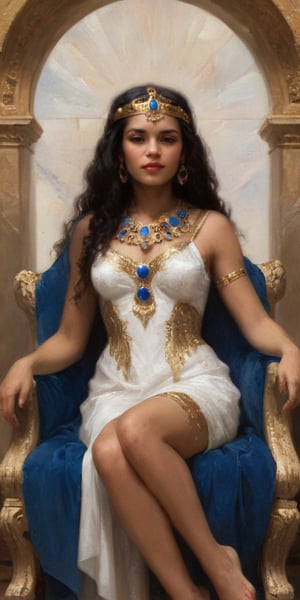 A regal Cleopatra sits upon a ornate throne, her golden headdress adorned with lapis lazuli and carnelian jewels. Soft, warm lighting illuminates her alabaster skin as she gazes directly at the viewer. The rich, textured brushstrokes of oil paint capture the luxurious fabrics of her attire, while the subtle play of light on the surrounding marble floor adds depth to the composition.