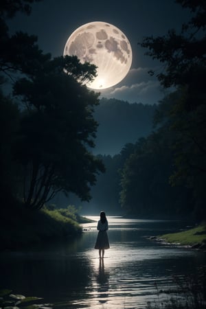 A dreamy nightscapes unfolds: a girl stands at the river's edge, her back to the camera, gazing up at the towering tree with branches stretching towards the full moon casting an ethereal glow. The alien spacecraft hovers above the treetops, its gentle hum barely audible over the soft lapping of the water against the shore, as the serene atmosphere is punctuated by the subtle ripples on the river's surface.