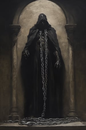 A painting of a  dark, ominous scene unfolds as the Prince of Darkness, a powerful figure with piercing eyes and chiseled features, stands shrouded in heavy iron chains that bind his arms and legs. The camera frames him against a somber, gothic-inspired backdrop with stone walls and a vaulted ceiling, dimly lit by flickering candles. His imposing presence is heightened by the weight of the chains, as if he's a prisoner of his own malevolent power.