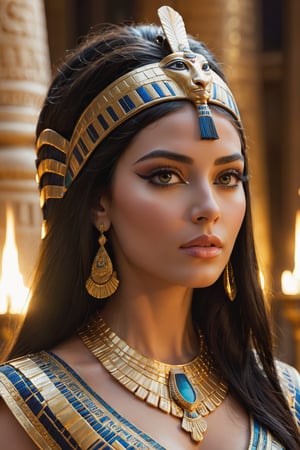 a beautiful woman with long, dark hair, Cleopatra, detailed eyes, long eyelashes, full lips, elegant jewelry, ornate headdress, intricate robe, ancient Egyptian setting, grand palace, glowing torchlight, dramatic lighting, photorealistic, 8k, cinematic, highly detailed, masterpiece