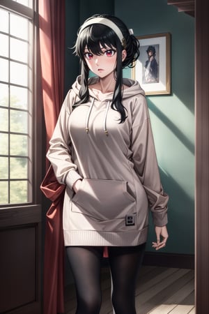 (masterpiece, best quality:1.2), adult looking body, 1girl, solo, standing, extreme detail, soft skin, red_eyes, glowing eyes, anime, Yor Forger wearing a oversized hoodie and tights, lay down