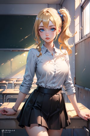 best quality, masterpiece, beautiful and aesthetic, vibrant color, Exquisite details and textures,  Warm tone, ultra realistic illustration,	(cute European girl, (classroom theme:1.4),	cute eyes, big eyes, blue eyes, (a chic look:1.5),	16K, (HDR:1.4), high contrast, bokeh:1.2, lens flare,	siena natural ratio, anime style, 	head to thigh portrait, blonde hair, side ponytail, skirt, ultra hd, realistic, vivid colors, highly detailed, UHD drawing, perfect composition, beautiful detailed intricate insanely detailed octane render trending on artstation, 8k artistic photography, photorealistic concept art, soft natural volumetric cinematic perfect light, 1girl, High detailed ,Color magic,Saturated colors,aahayasaka,Color saturation ,1 girl