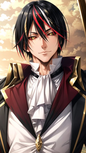 Semi realistic, Masterpiece, best quality, upper body, short hair, (black hair with a red and gold streak), (exquisite skin), (detailed eyes:1.3), (gold eyes with red streak), white collar shirt buttoned up, diablo_tensei_shitara