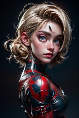 Spiderman cosplay, beautiful pale cyberpunk female with heavy black eyeliner,blonde,blue eyes,shaved side haircut,whole body,tatoo on left shoulder,hyper detail,cinematic lighting,magic neon,dark red city