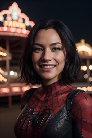 high quality photo, beautiful adult woman,hair black streaks, smiling, cinematic quality, masterpiece, high definition, 8k, intricately detailed, in front of fairgrounds, night, bokeh effect, sony a7CR Camera, spiderman cosplay