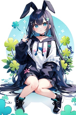 (masterpiece, best quality, highres:1.3), ultra resolution image, (1girl), (solo), kawaii, accessories, look at viewer, stand_sitting, side, black hair, middle hair, hoodie, alice wonderland, fullbody,

BREAK

wortel, background, bunny_rabbit, clover, 