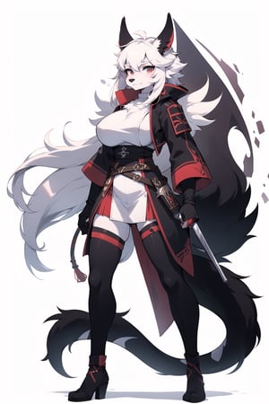 solo furry, (((furry))),  anthrofur,anhtro, full_body, white_background, big_boobies, furry , standing,  (bang hair), assasin white, anime_hair, dragon wing, dragon tail, character_design, character_sheet,  split hair in two , FurryCore,Furry, (((assassin outfit))), color outfit black and white, color hair black