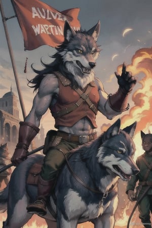 Extreme shot, masterpiece, highest quality, high resolution, super detail, fantasy, wilderness, unspecified number of people, wolf rider goblin, army, march, bonfire, fluttering flag (circle on eye), cavalry beast (wolf), drum drum, ferocious goblins