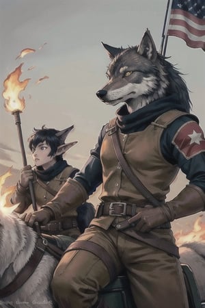 Extreme shot, masterpiece, highest quality, high resolution, super detail, fantasy, wilderness, unspecified number of people, wolf rider goblin, army, march, bonfire, fluttering flag (circle on eye) cavalry, dust, cavalry (wolf), camp Taiko, fierce goblins