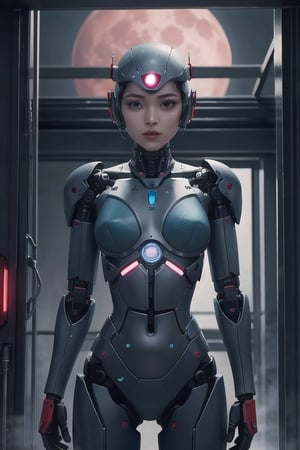 masterpiece, top quality, high quality, high definition, science fiction, sci-fi world with glowing red moon, futuristic woman, one girl, robot joint, solo, chest, cyberpunk, sci-fi, cyborg, blue glowing eyes , joint, android, glass covered navel, humanoid robot, robot