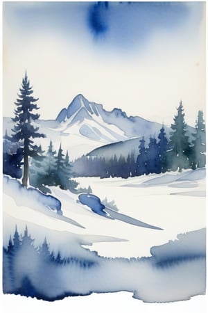 A watercolor painting of a winter scene with a mountain range in the background, a snowy field in the foreground, and a forest of pine trees in the middle. The painting is framed by a blue and white watercolor wash, with the name "UTKORSHAW" written in white letters at the bottom. The painting is surrounded by a white background, with a watercolor palette and paintbrushes on the sides.