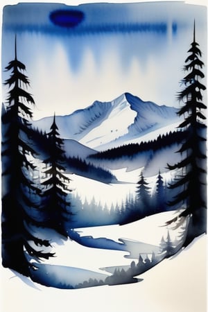 A watercolor painting of a winter scene with a mountain range in the background, a snowy field in the foreground, and a forest of pine trees in the middle. The painting is framed by a blue and white watercolor wash, with the name "UTKORSHAW" written in white letters at the bottom. The painting is surrounded by a white background, with a watercolor palette and paintbrushes on the sides.