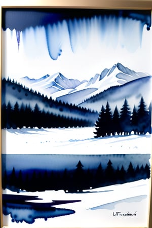 A watercolor painting of a winter scene with a mountain range in the background, a snowy field in the foreground, and a forest of pine trees in the middle. The painting is framed by a blue and white watercolor wash, with the name "UTKORSHAW" written in black letters at the bottom. The painting is surrounded by a white background, with a watercolor palette and paintbrushes on the sides.