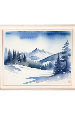 A watercolor painting of a winter scene with a mountain range in the background, a snowy field in the foreground, and a forest of pine trees in the middle. The painting is framed by a blue and white watercolor wash, with the name "UTKORSHAW" written in white letters at the bottom. The painting is surrounded by a white background, with a watercolor palette and paintbrushes on the sides.
