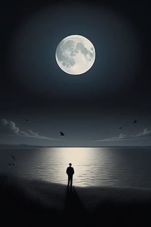 A solitary figure stands silhouetted against a backdrop of a full moon and a flock of birds in flight, a sense of loneliness and contemplation pervades the scene.  [Digital art, photorealistic, reminiscent of the work of Edward Hopper, with a touch of the surrealism of Salvador Dali], [A dramatic contrast between light and shadow, the moon casting a soft glow on the figure and the birds, the sky is a deep black, a sense of depth and texture in the clouds and the birds' feathers]