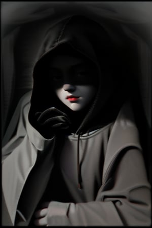 A hooded figure, shrouded in darkness, sits with their hands clasped in front of their face, their expression hidden, a sense of mystery and intrigue hangs in the air.  [Digital art, photorealistic, reminiscent of the work of Gregory Crewdson, with a touch of the dark realism of Edward Hopper], [Deep shadows, stark contrast between the figure and the background, a single spotlight illuminating the figure, muted color palette of grays and blacks, a sense of depth and texture in the fabric of the hoodie]
