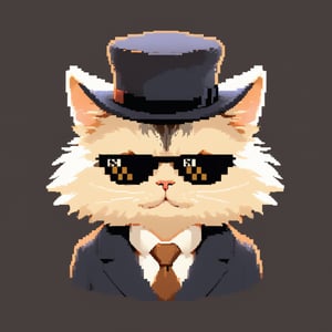 (masterpiece, best quality, highres:1.3), ultra resolution image, (solo), (cat:1.5), smug, confident, simple background, sunglasses, portrait, fluffy, cute,cat, no human,IncrsXLDealWithIt, playful, gentlemen hat, mischief, gentlemen suit,sticker,pixel style