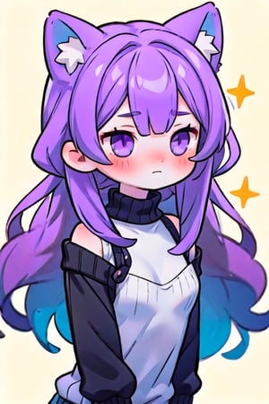 1girl, beautiful and cute woman, purple hair, long hair, cat ears, sparkling purple eyes, small breasts, upper body, slight blush, shy, black sweater,, low contrast, chromatic aberration, high contrast,, limited palette , ligne claire,, background (Black),, light skin color, pale skin,, hair down