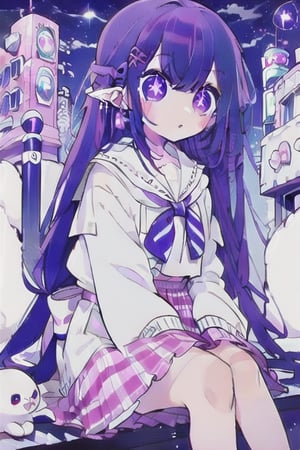 1girl(best quality:) purple hair, purple eyes, pale skin, cute, long curly hair, short pointy ears, slit pupils, wear school clothes, cute, sitting, city, night,Ai Hoshino