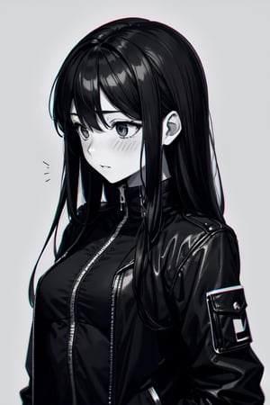 1girl, beautiful and cute woman, black hair, long hair, small breasts, upper body, slight blush, shy,, low contrast, chromatic aberration, high contrast,, limited palette , ligne caire,, background (Black),, light skin color, plale skin,, hair down,wear black jacket