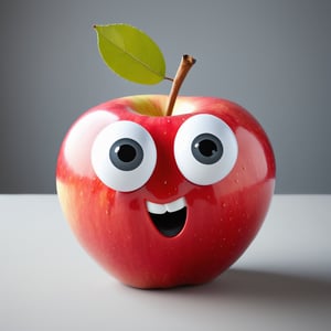 "Generate a hilarious image of a apple with comically oversized eyes and a big, playful mouth. Craft the image to radiate humor and whimsy, turning a simple fruit into a charming and funny character. The goal is to create a lighthearted and entertaining portrayal that brings a smile to viewers with the unexpected personality of this animated apple."
